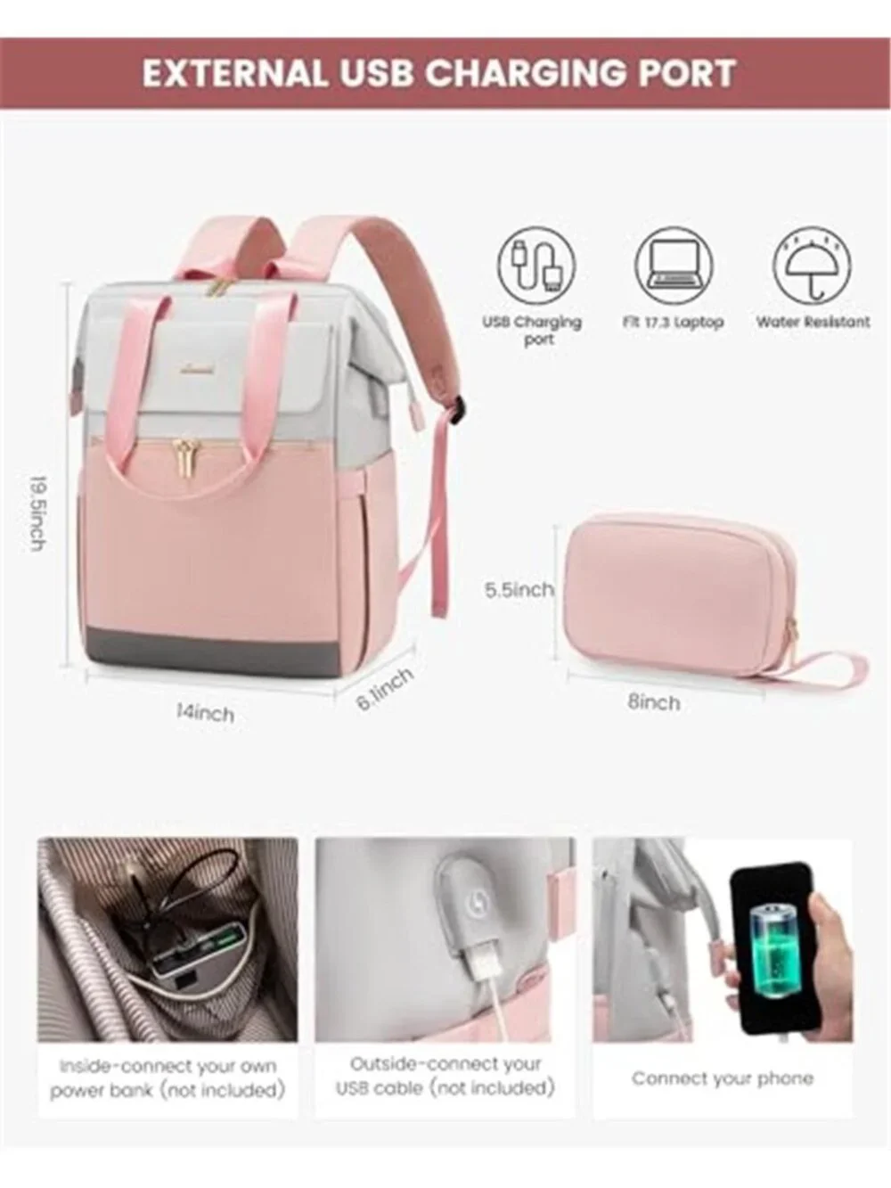Womens Large Laptop Backpack 17 Inch Travel Work Bag USB Port Grey Pink 2PC
